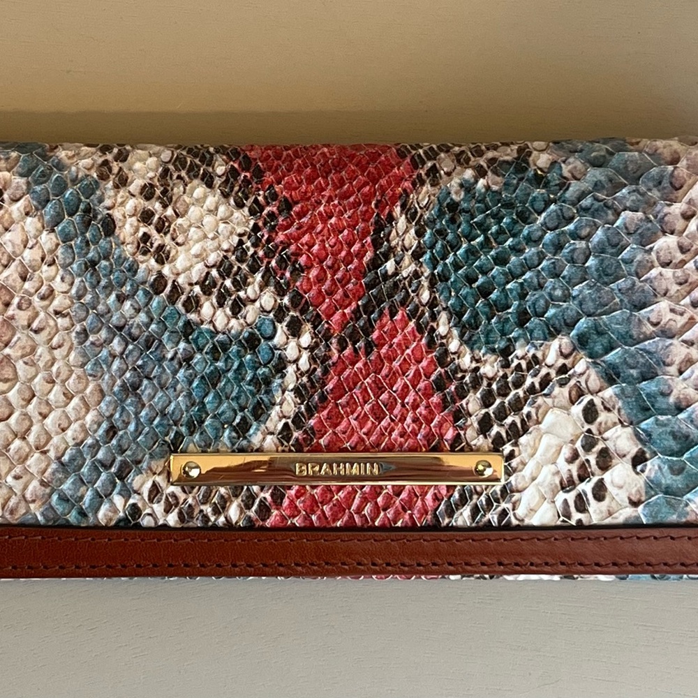 Brahmin Ady Red and Blue Wallet Snakeskin Embossed Print EUC